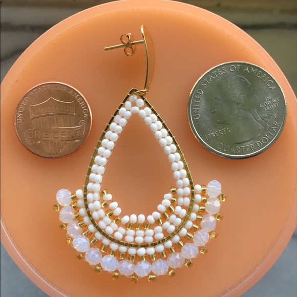 Gold teardrop earrings with white & gold beads - Picture 3 of 9